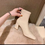 Womens Off-white Elastic High-heeled Boots With A Small Square Toe