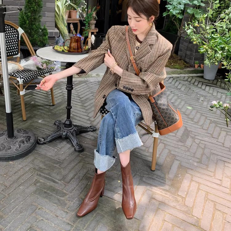 Womens Off-white Elastic High-heeled Boots With A Small Square Toe