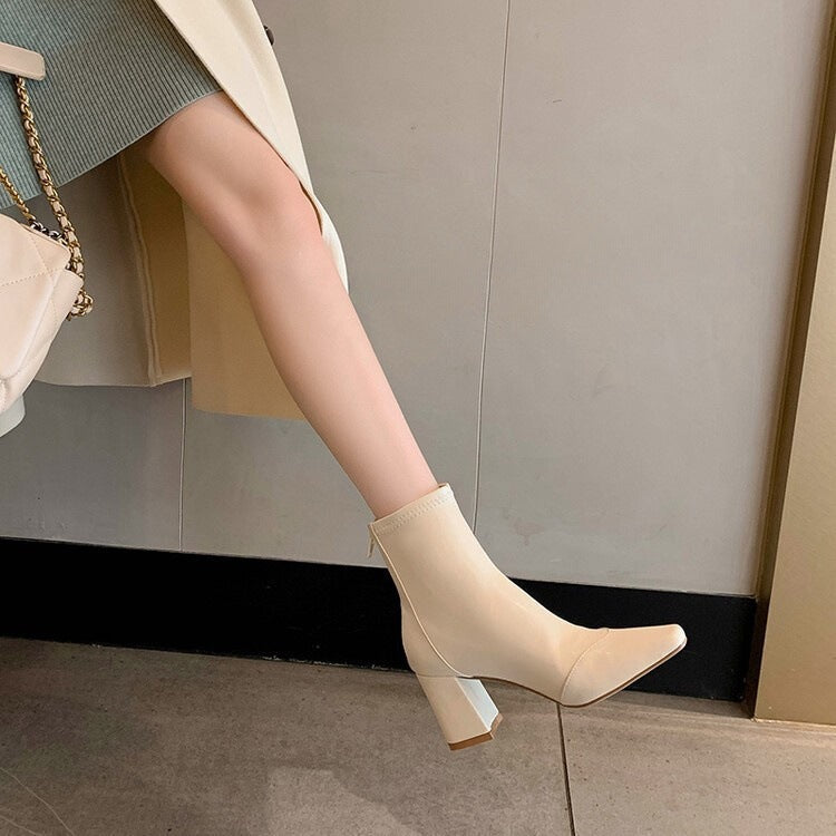 Womens Off-white Elastic High-heeled Boots With A Small Square Toe